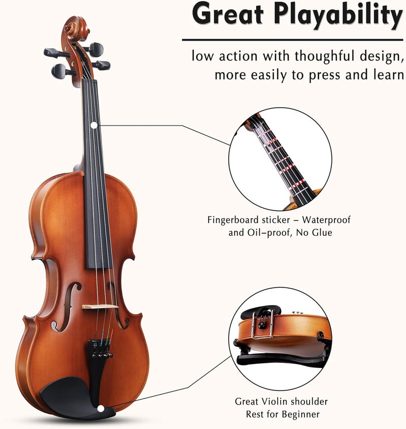 ADM 4/4 Full Size Wood Violin Set for Kids Teens Students Adults Beginner Acoustic Violin Matte Fiddle Starter Kit with Hard Case, Rosin, Shoulder Rest, Bow, Clip-on Tuner and Fingerboard Sticker - Image 3